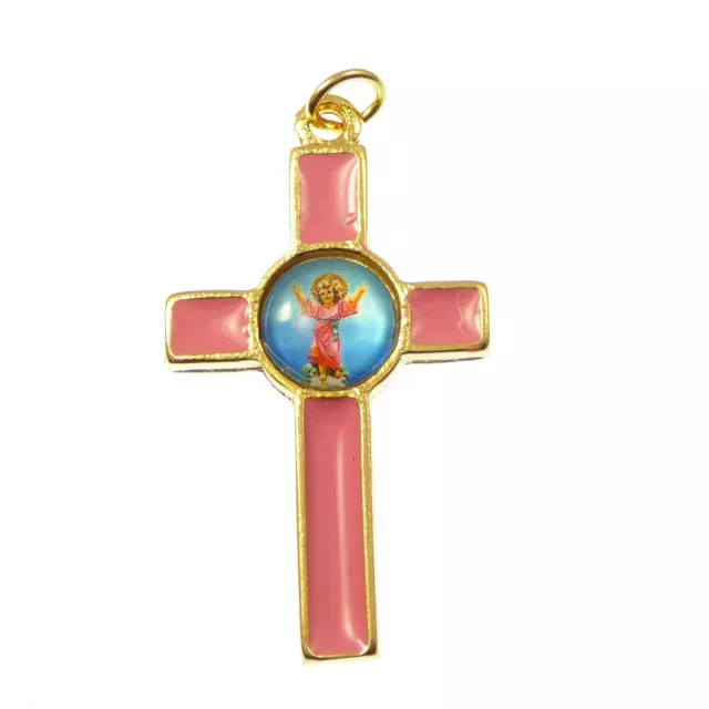 Catholic Divine Child cross in pink enamel with gold tone metal finish 3.6cm