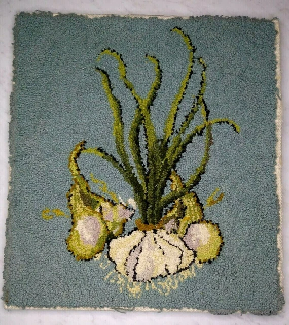 Hilo de aguja perforada artísticamente hecho a mano 15 x 16 fondo azulado cocina de ajo vintage