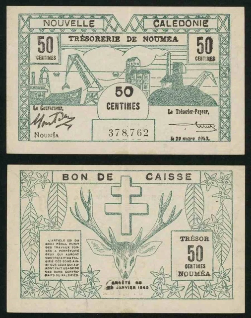 2 Banknotes Arrete January 29, 1943 New Caledonia One Franc & 50 Centimes XF VF