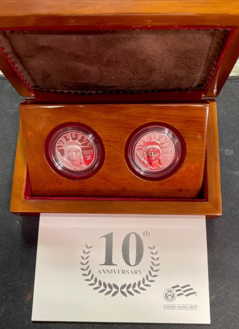 2007 $50 Platinum American Eagle 10th Anniversary Set Proof & Rev Proof Coins.