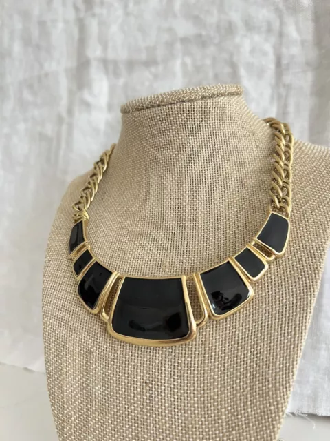 Vintage Trifari Statement Necklace Goldtone Black Enamel 70s 80s Runway Signed