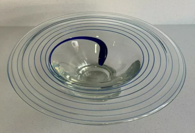 Vintage Blenko Style Art Glass Bowl Clear with Cobalt Blue Threaded Ribbon Trail