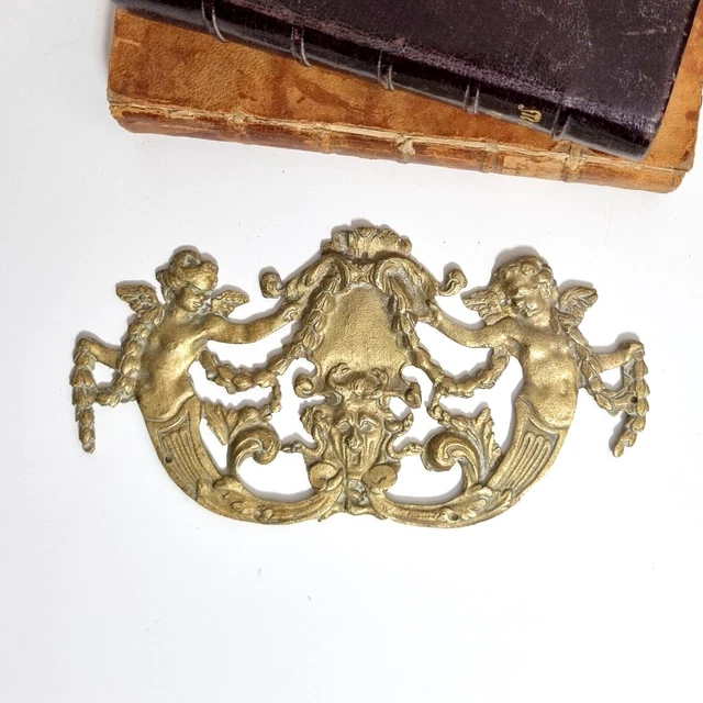 Evil devil face mascaron angels Vintage brass pediment Furniture hardware 7.4 in