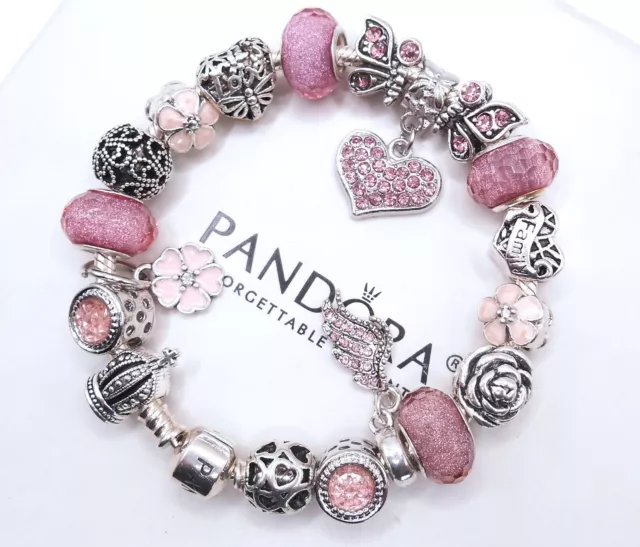 PANDORA SILVER CHARM BRACELET WITH PINK CRYSTAL HEART LOVE FAMILY CHARMS &  BOX!