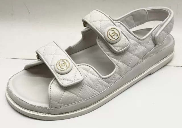 CHANEL 21C WHITE Caviar Gold CC Logo Mule Slide Strap Flat Teva