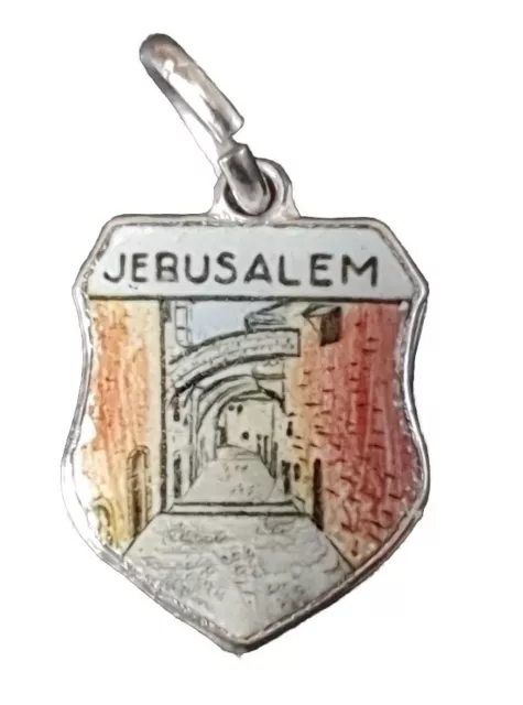 JERUSALEM   Silver PLATE Vintage Travel Shield Enamel Souvenir Charm