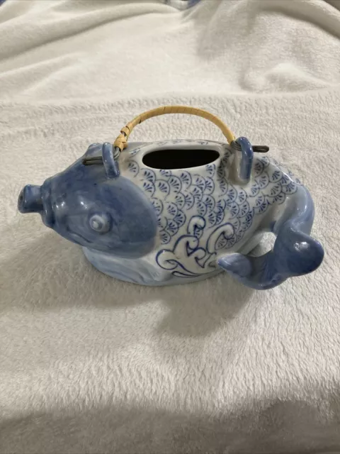 Vtg Fish Shaped Koi Blue White Teapot Ceramic Hand Painted *Missing Lid-*READ
