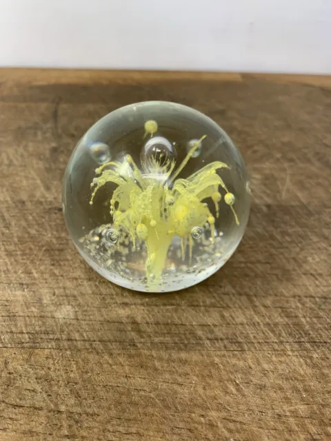 Stunning Vintage Art Glass Paperweight Yellow Flower Rare Collectible