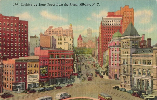 Postcard Looking Up State Street from the Plaza Albany New York Linen c1940s Vtg