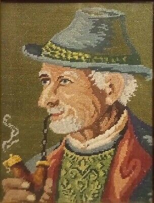 Wiehler gobelin Man with a pipe, Vintage tapestry, Finished needlepoint