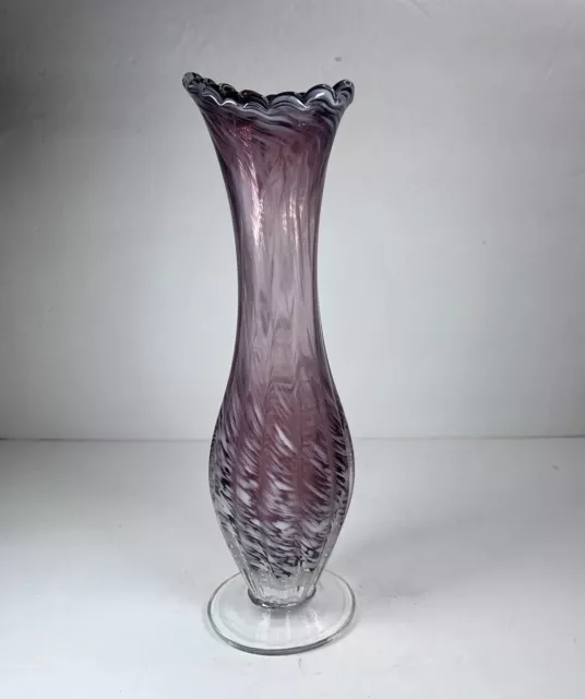 Vintage Purple/Amethyst White Swirl Hand Blown Swung Glass Vase