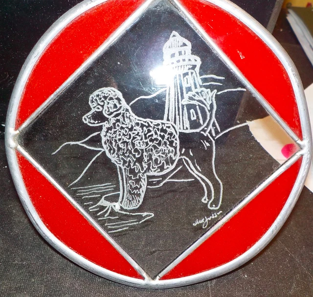 Portuguese Water Dog   hand engraved  signed glass panel, stained glass border