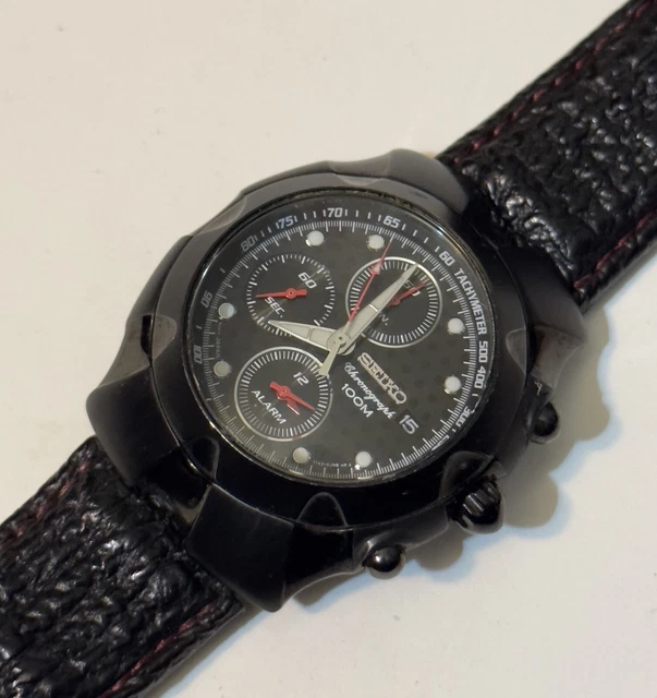 VINTAGE SEIKO 7T620GM0 Black Quartz Tachymeter Chronograph 100M