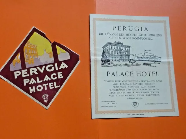 Genuine 1927 Vtg Luggage Label Sticker & Map Perugia Palace Hotel Italy (K0 64)