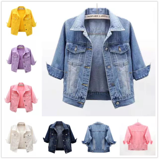 Women Casual Denim Jacket 3/4 Sleeve Button Down Jean Cropped Coat Streetwear