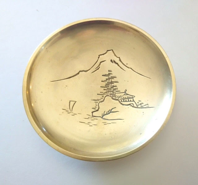 Vintage Solid Brass Japanese Mountain Trinket Dish 3.75"