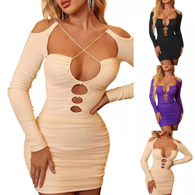 Robe bodycon creuse femme avec maille sexy style manches longues solides