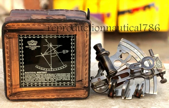 Sextant Nautique En Laiton Massif – Avec Coffret Bois, 12x10x5,7 Cm, Finition Brillante, Cadeau Marin