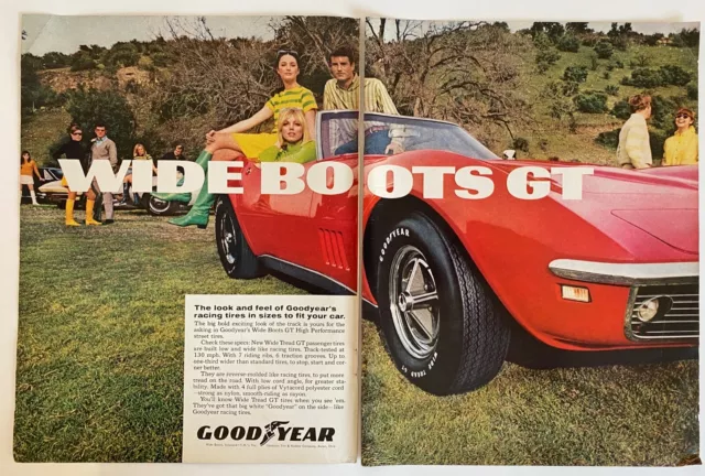 Vintage 1969 Good Year Wide Boots GT Tires Corvette Two Page Original Ad  - 521
