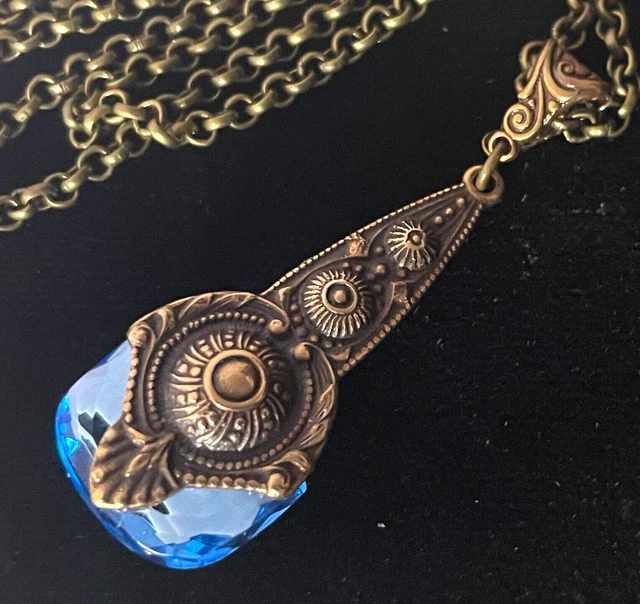 Vintage Necklace Art Deco Brass Pendant Antique Sap-phire Blue Czech Glass Drop