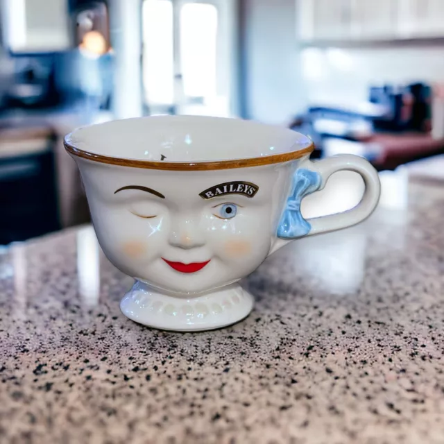 Baileys Irish Cream Lady YUM Tea Cup with Winking Eye and Blue Ribbon