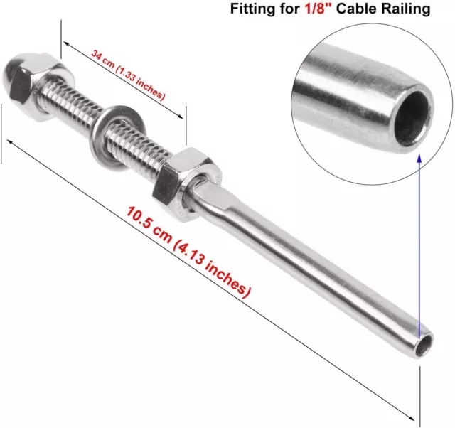 316 Stainless Steel Swage Threaded Tensioner End Fitting 1/8" Cable Railing XY 2