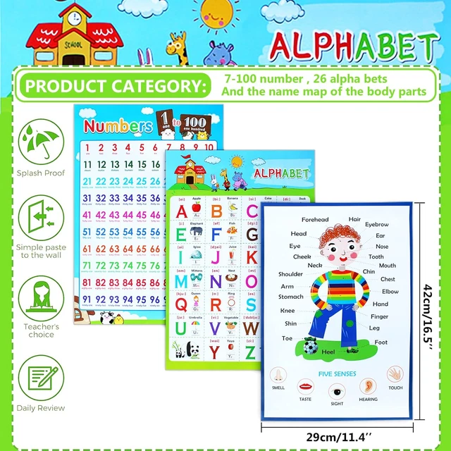 3 PIECES EDUCATIONAL Poster Laminated Wall Learning Chart Number and ...