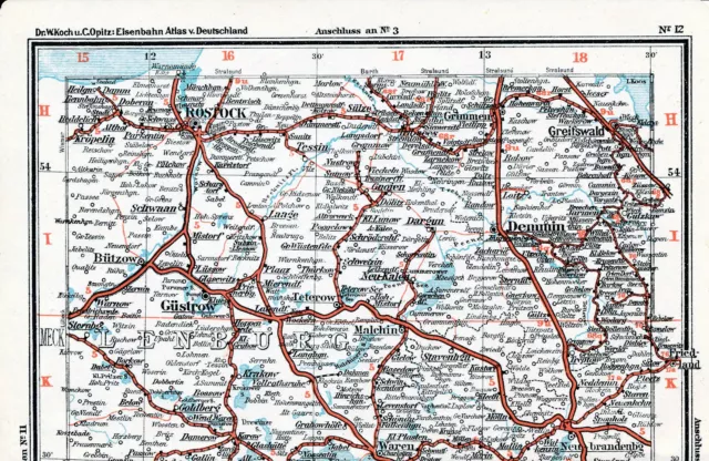 Rostock Waren Malchin 1908 orig. Eisenb.-Karte Demmin Greifswald Güstrow Teterow
