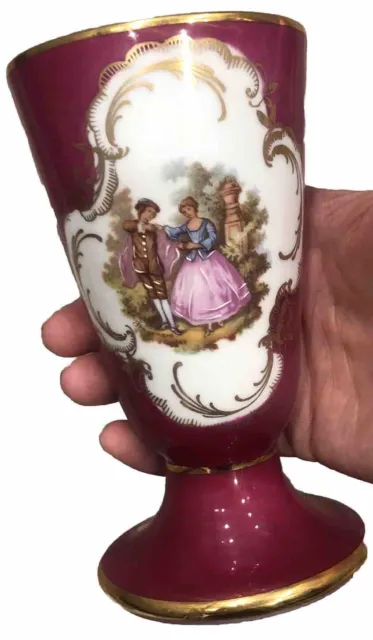 VTG Porcelaine Limoges France Miniature Vase Burgundy Gold Tone Courting Couple