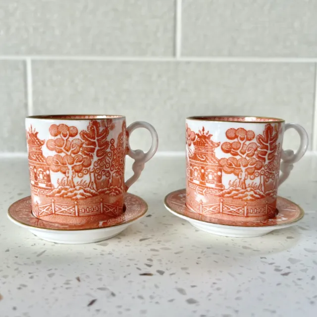 Pair of Spode Copeland 19th C Orange Willow Pattern Demitasse Coffee Cup Saucer