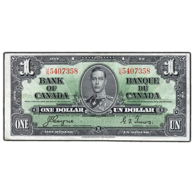 $1 1937 Bank of Canada Note Coyne-Towers U/N Prefix BC-21d - VF