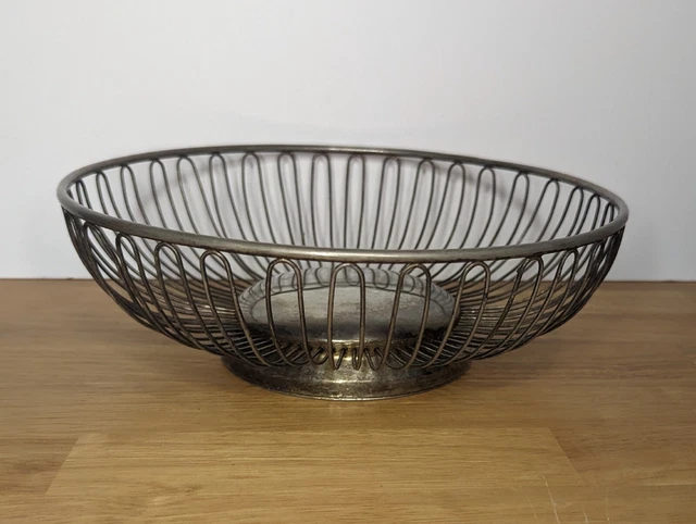 Round Silver Plated Metal Wire Fruit Bowl Bread Basket 10x10 MCM
