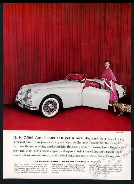 1958 Jaguar XK150 roadster white car wild cat woman photo vintage print ad