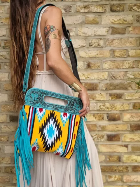 Aztec Hippie FRINGE LEATHER BAG Ethnic Tassel boho Western vintage Carpet kilim