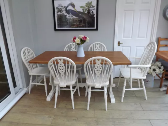 pine oak refectory farmhouse kitchen dining table and chairs painted cream