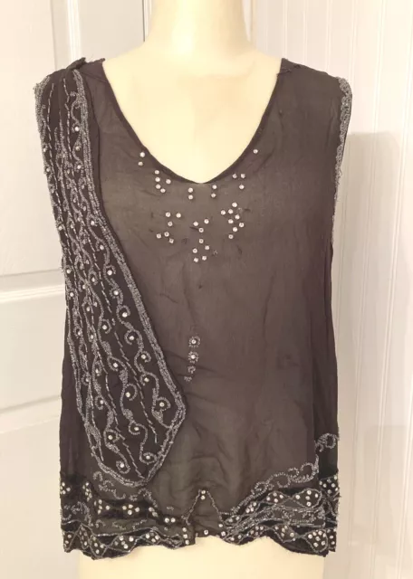 Vintage 1920s 1930s art deco beads & rhinestone chiffon georgette blouse flapper