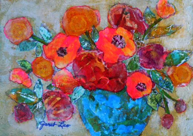 JANET LEO  sfa   ORIGINAL MIXED MEDIA   collage BRIGHT EYES   floral