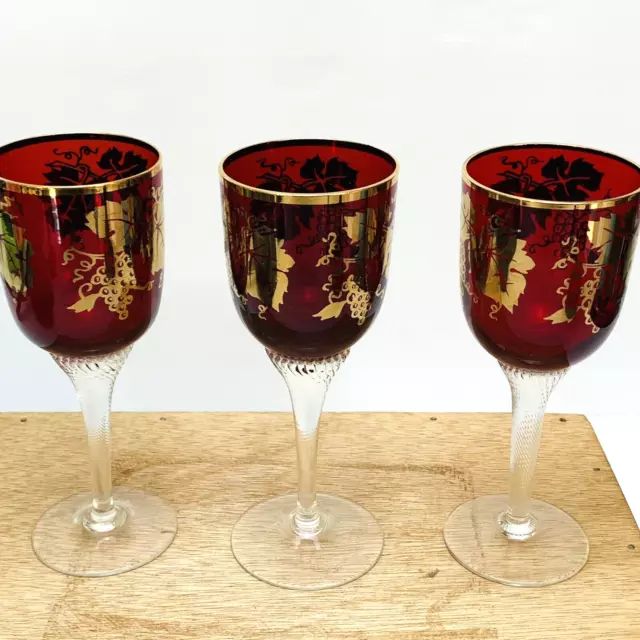 Bohemia Czech Crystal Ruby Red Wine Glass Set of 3 RARE Vintage Gold Trim 3