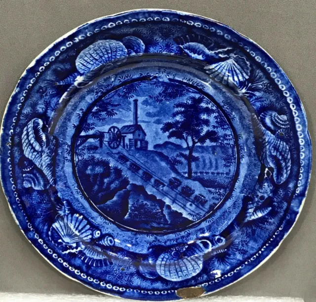 RARE Staffordshire ON THE INCLINE c.1830 B&O Railroad ENOCH WOOD Flow Blue Plate