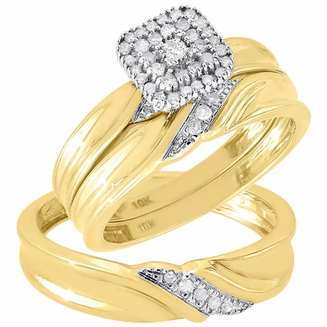 Diamond Trio Set 10K Yellow Gold Ladies Engagement Ring Mens Wedding Band .21 Ct