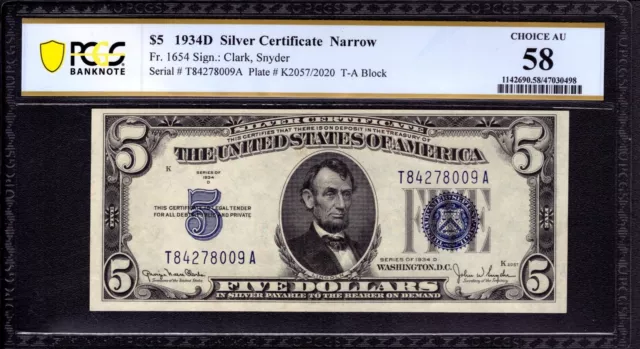 1934 D $5 Silver Certificate Note Narrow Fr.1654 Ta Block Pcgs B Choice Au 58