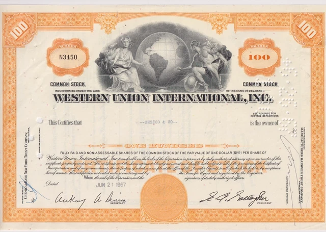 1967 Western Union International, Inc. Stock Certificate