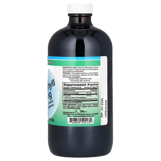 WORLD ORGANIC, LIQUID Chlorophyll, 100 mg, 474 ml, 16 fl oz, Expiry