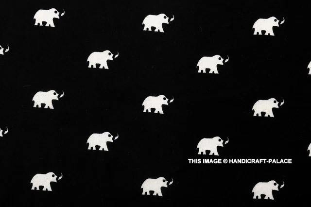 Indien 4.6m Noir Main Éléphant Imprimé Course Desseré Artisanat de Couture Tissu