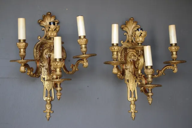 Large antique pair French Louis XV gilt bronze wall lights lamps 4 lights 1900’s
