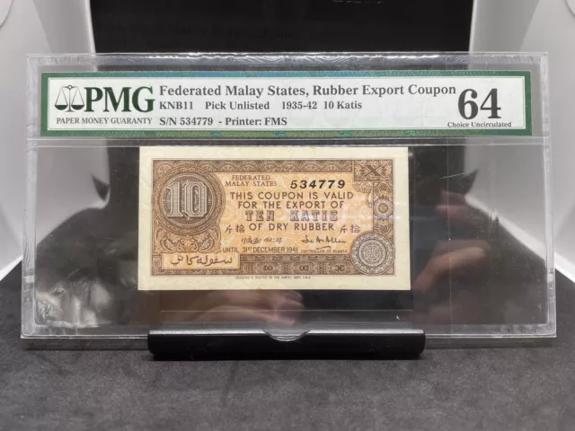 Federated Malaya States, Rubber Export Coupon 10Katis 1941 - PMG 64UNC no remark