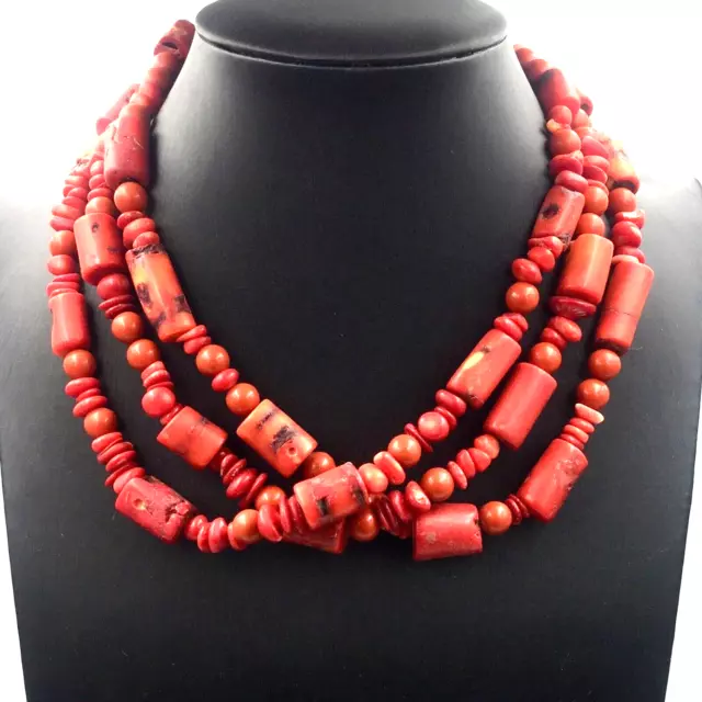 Collier Ras-Du-Cou Vintage A Trois Fils De Corail Bambou Fermeture en Argent