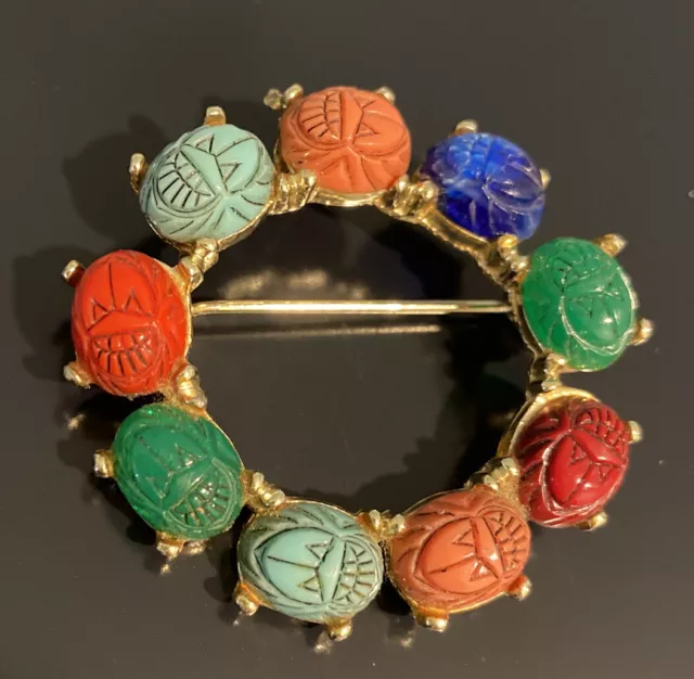 Vintage Egyptian Revival Multicolor Scarab Beetle Circle Brooch Pin Gold Tone