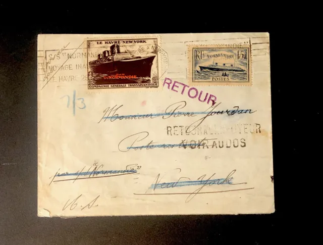 timbres france oblitéré Voyage Inaugural paquebot Normandie vignette recto verso