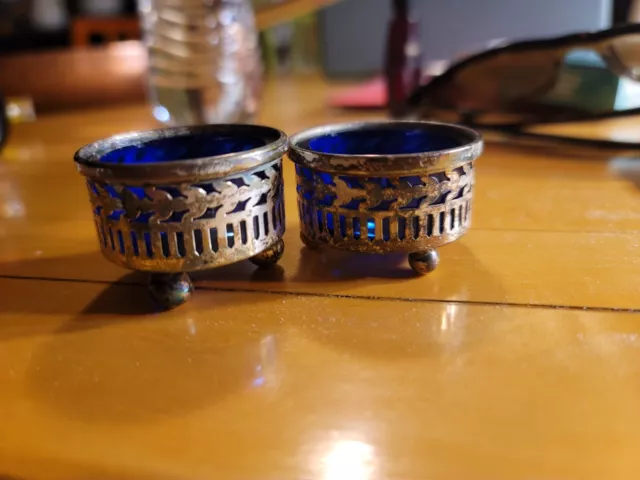 Vintage STERLING SILVER COBALT BLUe SALT CELLAR lot of 2 crown cross Hallmark